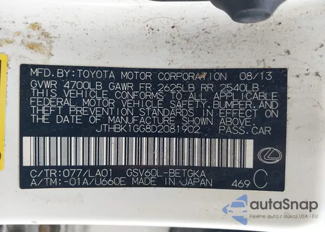 2013 Lexus Es 350 z USA, uszkodzony, nr VIN JTHBK1GG8D2081902